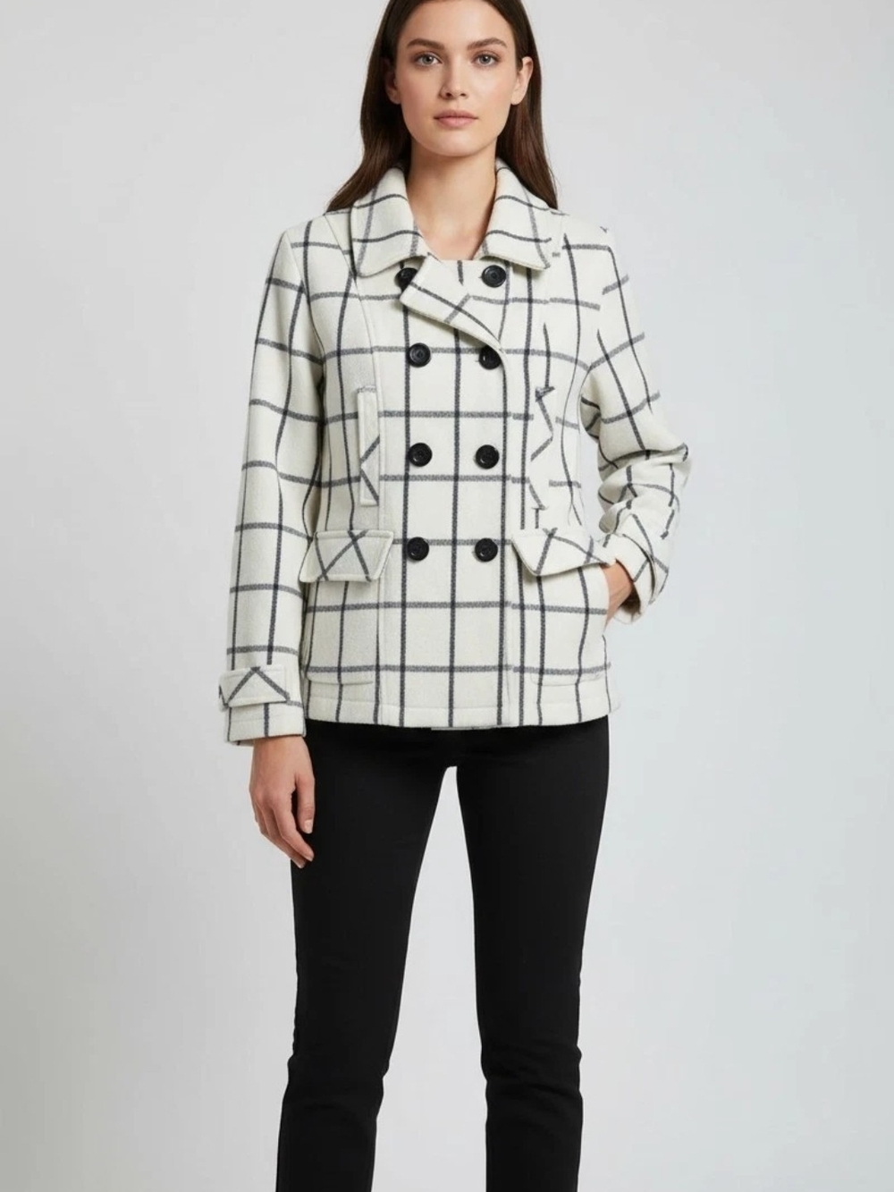 YMI White Windowpane Double-Breasted Peacoat